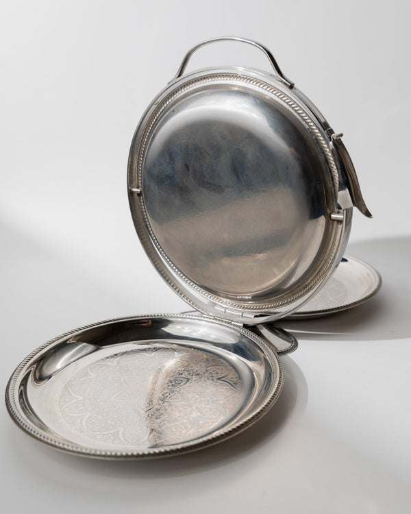 Vintage 1960s Folding Serving Tray Etagere, Three Engraved Stainless Steel Plates, Design by Carlo Alessi Mercury Series 898, Gift Idea_Bottega Jacobs