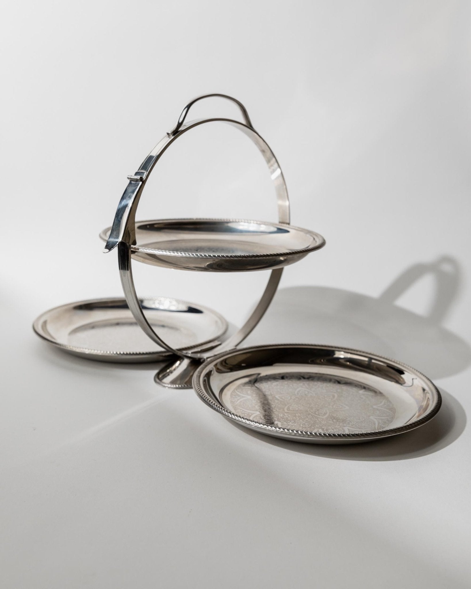 Vintage 1960s Folding Serving Tray Etagere, Three Engraved Stainless Steel Plates, Design by Carlo Alessi Mercury Series 898, Gift Idea_Bottega Jacobs