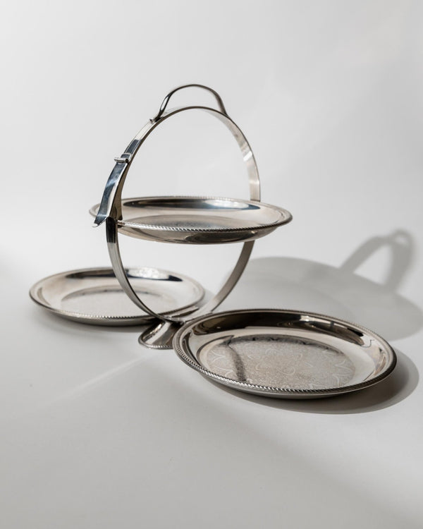 Vintage 1960s Folding Serving Tray Etagere, Three Engraved Stainless Steel Plates, Design by Carlo Alessi Mercury Series 898, Gift Idea_Bottega Jacobs