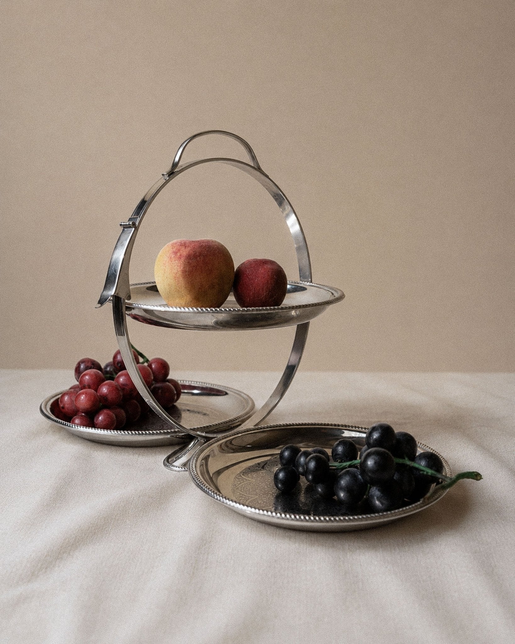 Vintage 1960s Folding Serving Tray Etagere, Three Engraved Stainless Steel Plates, Design by Carlo Alessi Mercury Series 898, Gift Idea_Bottega Jacobs