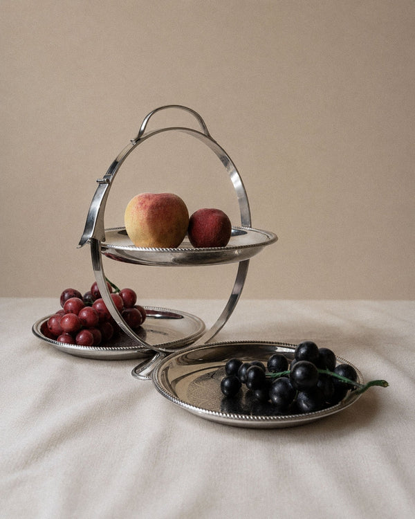 Vintage 1960s Folding Serving Tray Etagere, Three Engraved Stainless Steel Plates, Design by Carlo Alessi Mercury Series 898, Gift Idea_Bottega Jacobs