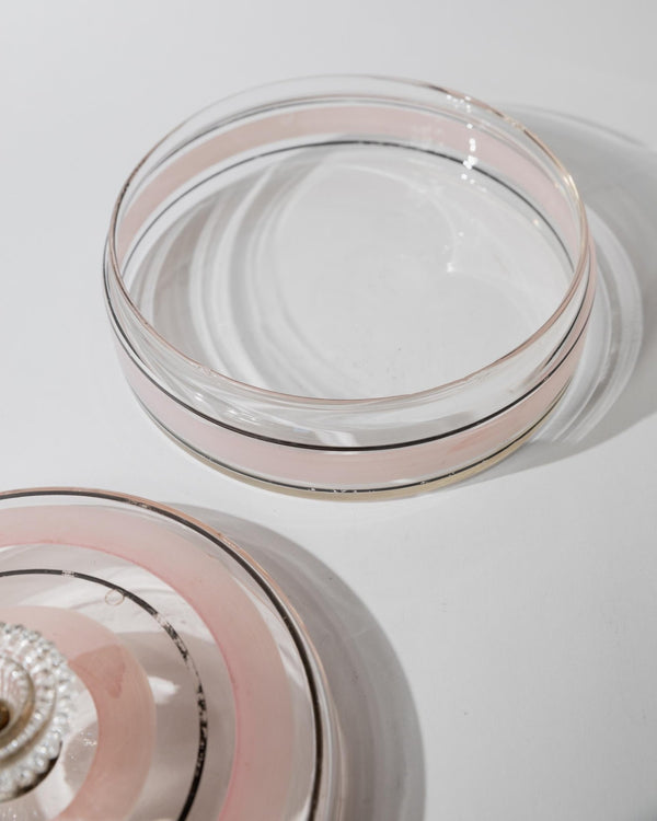 Vintage 1960s Glass Bonboniere, Lidded Candy Glass Jar with Pink and Black Stripes, Ornate Glass Finial, Italian Art Glass, Gift Idea_Bottega Jacobs