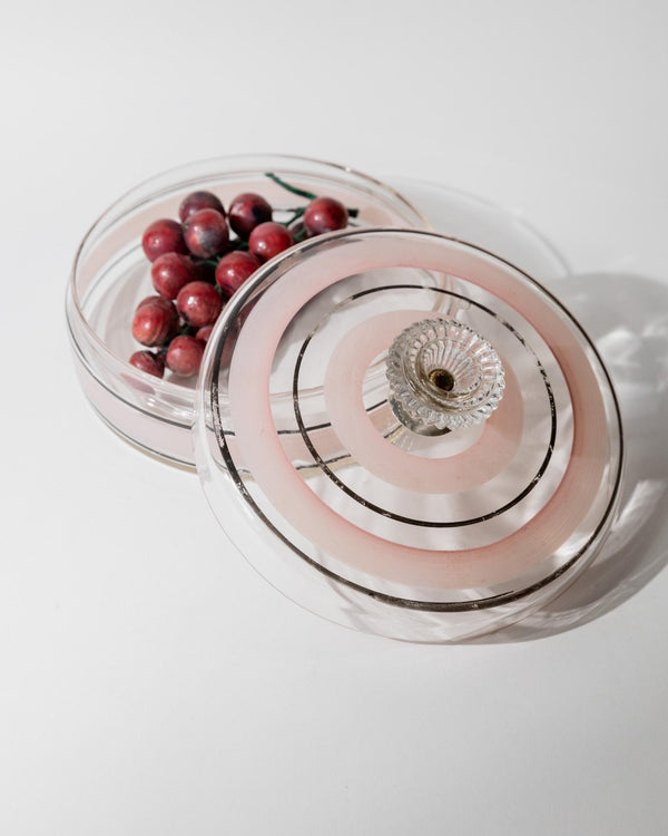 Vintage 1960s Glass Bonboniere, Lidded Candy Glass Jar with Pink and Black Stripes, Ornate Glass Finial, Italian Art Glass, Gift Idea_Bottega Jacobs