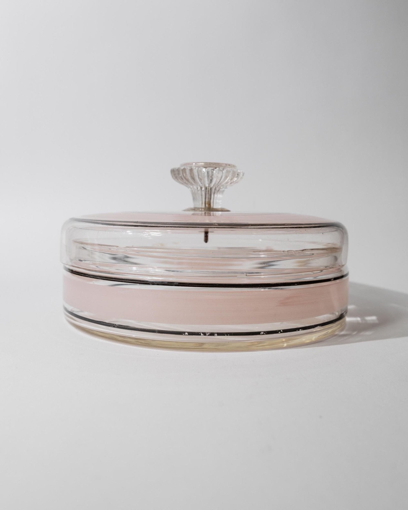 Vintage 1960s Glass Bonboniere, Lidded Candy Glass Jar with Pink and Black Stripes, Ornate Glass Finial, Italian Art Glass, Gift Idea_Bottega Jacobs