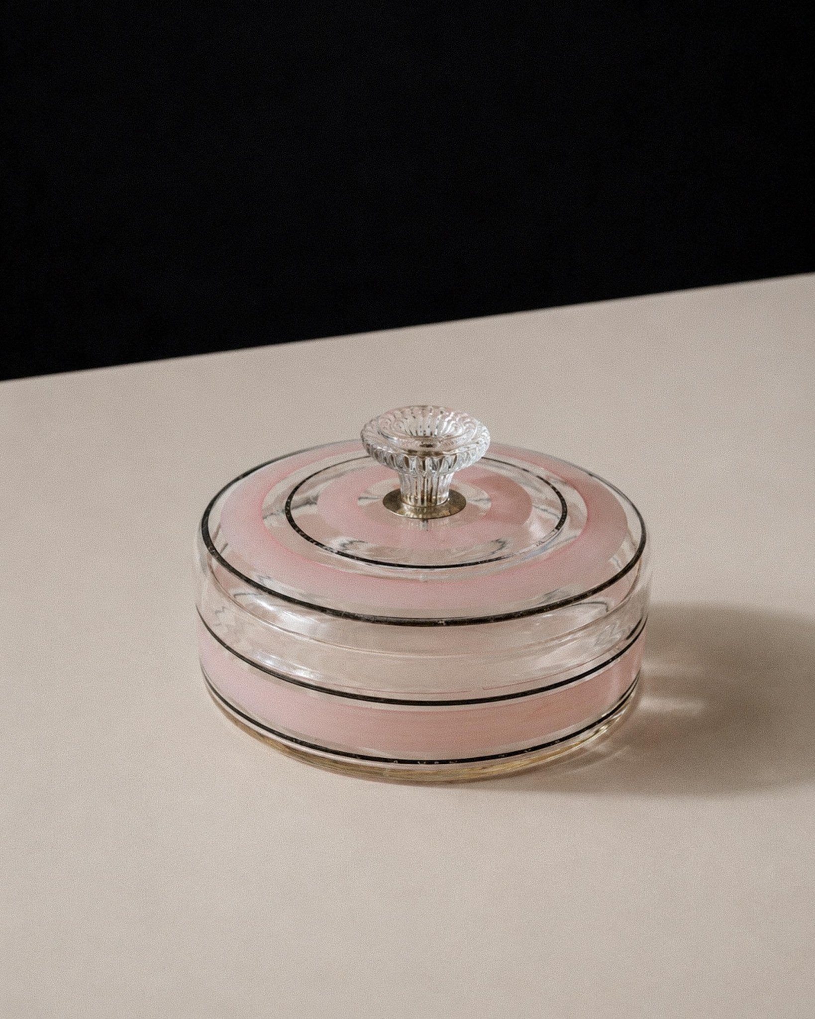 Vintage 1960s Glass Bonboniere, Lidded Candy Glass Jar with Pink and Black Stripes, Ornate Glass Finial, Italian Art Glass, Gift Idea_Bottega Jacobs