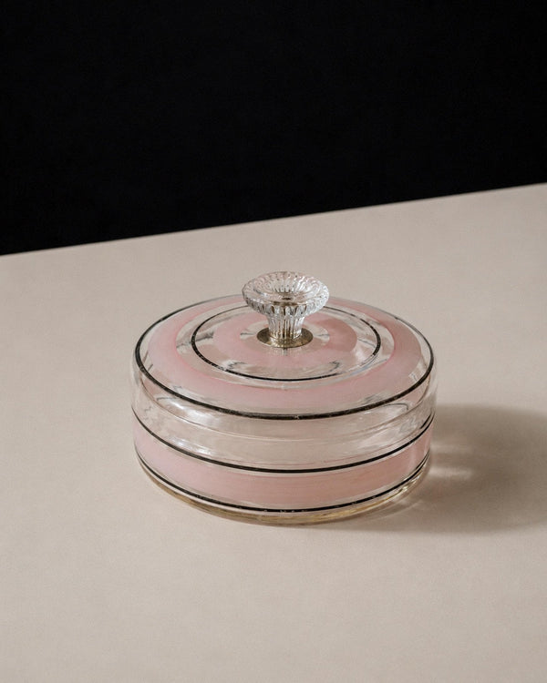Vintage 1960s Glass Bonboniere, Lidded Candy Glass Jar with Pink and Black Stripes, Ornate Glass Finial, Italian Art Glass, Gift Idea_Bottega Jacobs