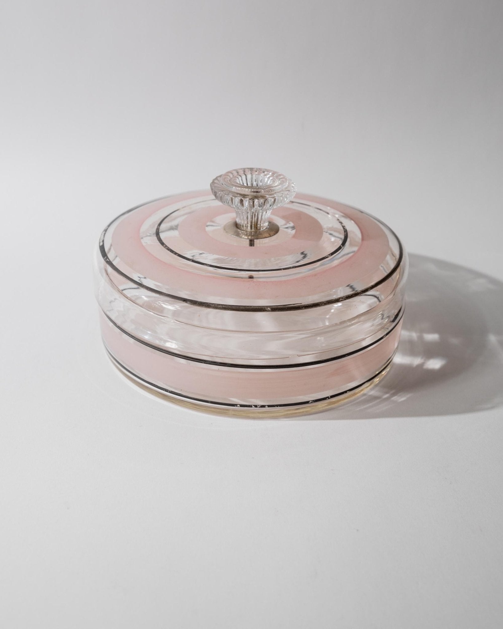 Vintage 1960s Glass Bonboniere, Lidded Candy Glass Jar with Pink and Black Stripes, Ornate Glass Finial, Italian Art Glass, Gift Idea_Bottega Jacobs