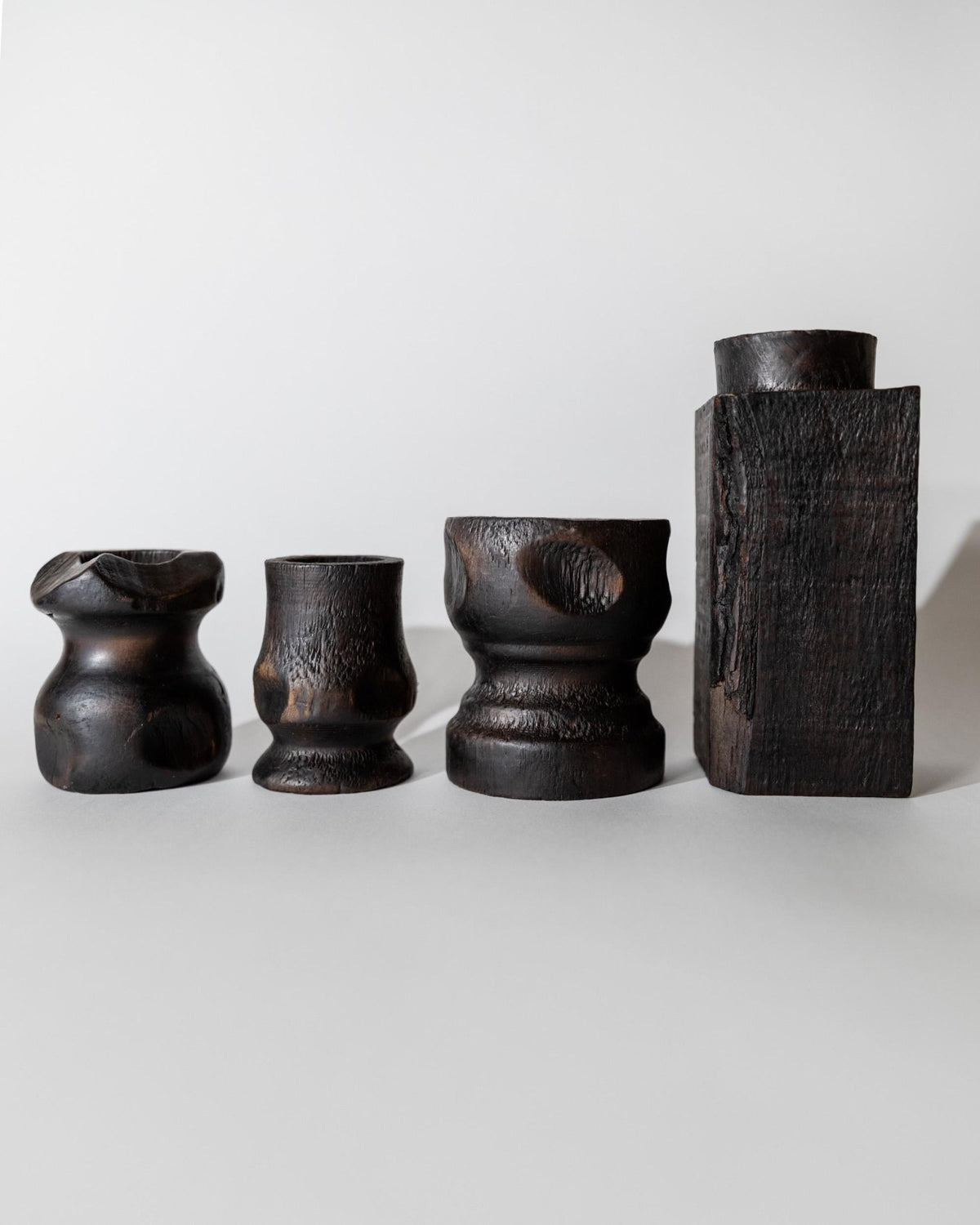 Vintage 1960s Hand Carved Wood Objects Set of 4, Black Wood Vases or Candle Holders, Brutalist Sculptural Design, Mid Century, Gift Idea_Bottega Jacobs