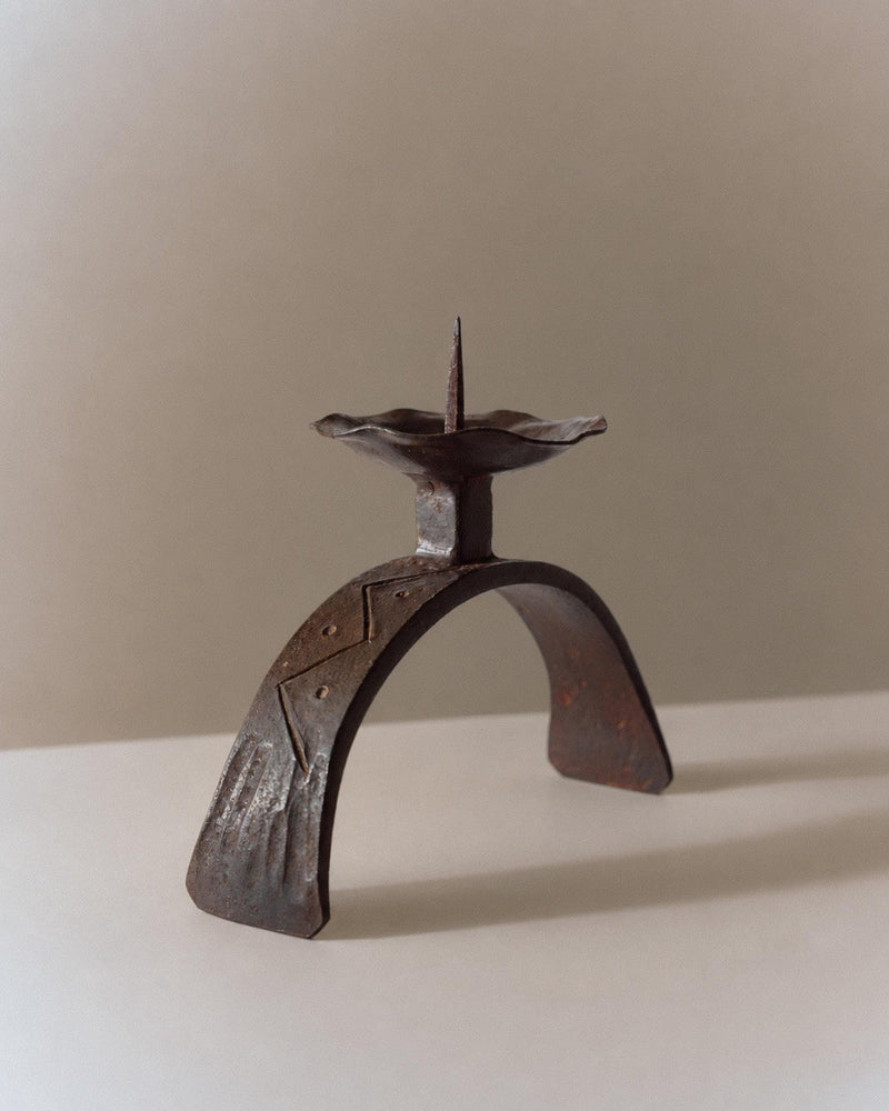 Vintage 1960s Hand Forged Iron Candle Holder, Sculptural Relief Pattern for Pillar Candle, Rustic Mid Century Metalwork, Elegant Gift Idea_Bottega Jacobs