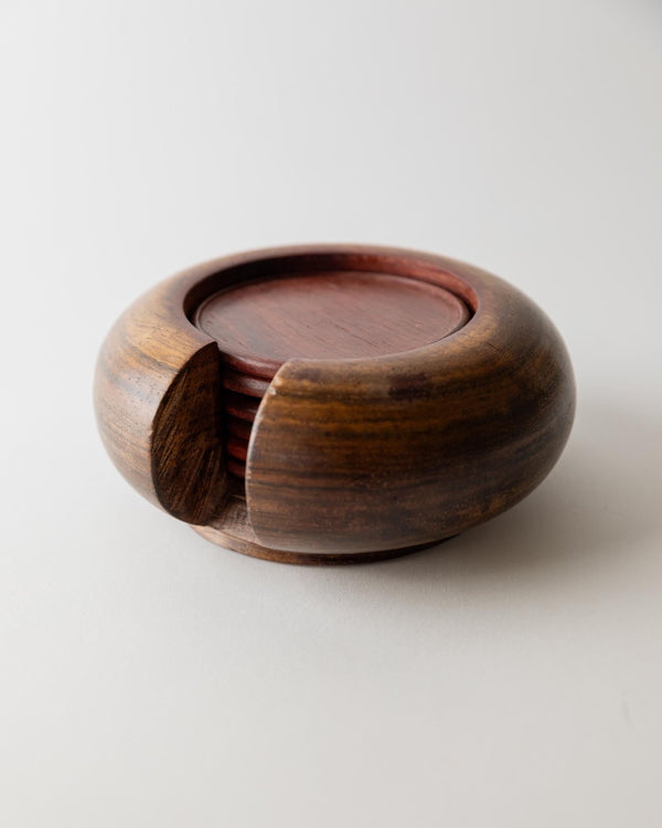Vintage 1960s Italian Wooden Coaster Set, Dark Wood Drink Coasters, Classic Mid Century Tableware, Rustic Barware, Table Accent, Gift Idea_Bottega Jacobs
