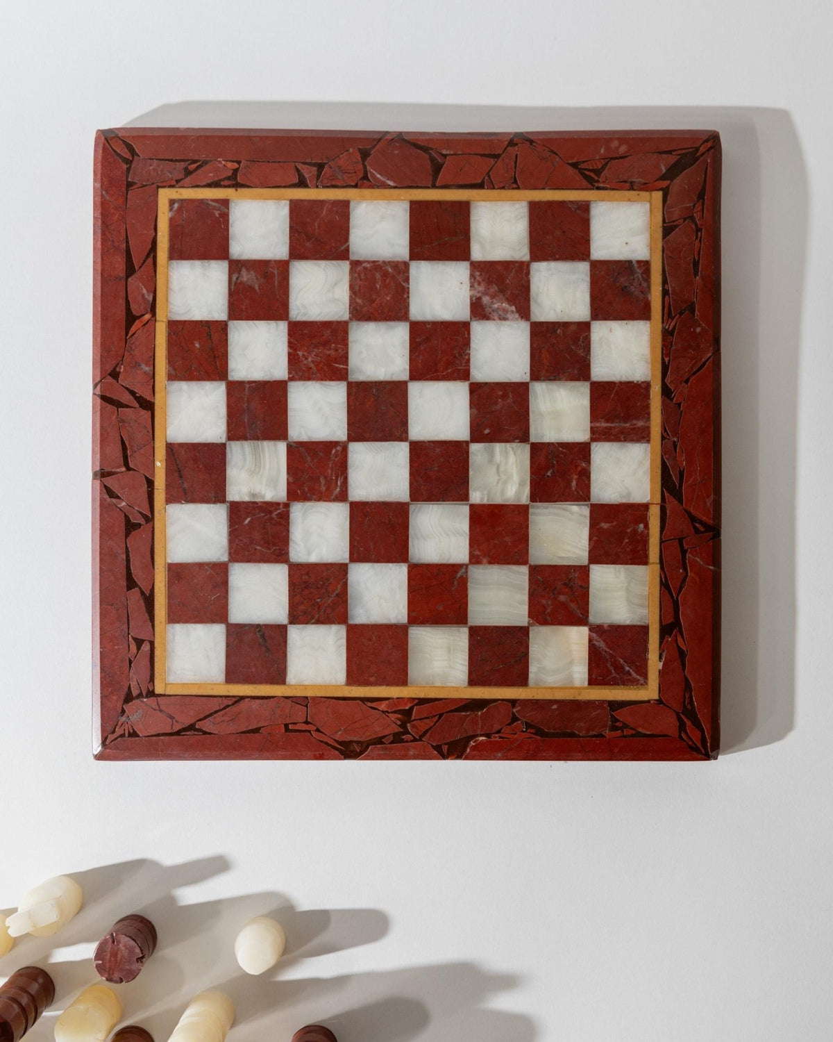 Vintage 1960s Marble Chess Set, Cream, Burgundy and Gold Marble Board with Metal Inlay, Stone Chess Pieces, Timeless Game Design, Gift Idea_Bottega Jacobs