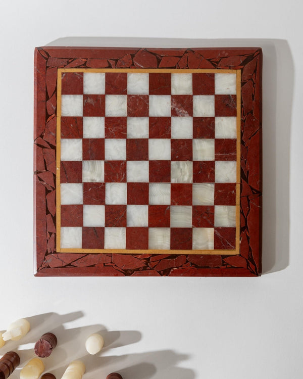 Vintage 1960s Marble Chess Set, Cream, Burgundy and Gold Marble Board with Metal Inlay, Stone Chess Pieces, Timeless Game Design, Gift Idea_Bottega Jacobs