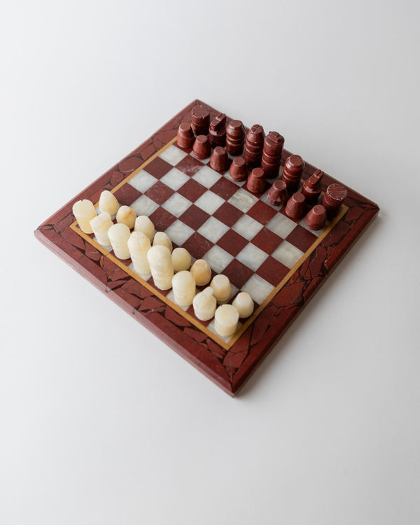 Vintage 1960s Marble Chess Set, Cream, Burgundy and Gold Marble Board with Metal Inlay, Stone Chess Pieces, Timeless Game Design, Gift Idea_Bottega Jacobs
