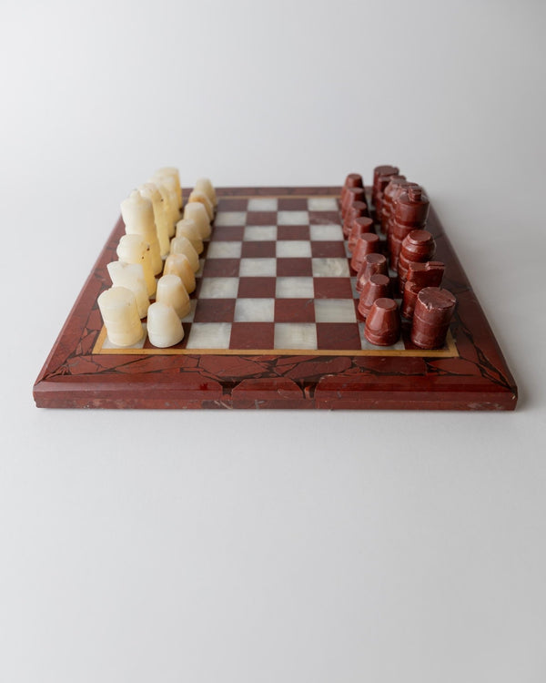 Vintage 1960s Marble Chess Set, Cream, Burgundy and Gold Marble Board with Metal Inlay, Stone Chess Pieces, Timeless Game Design, Gift Idea_Bottega Jacobs
