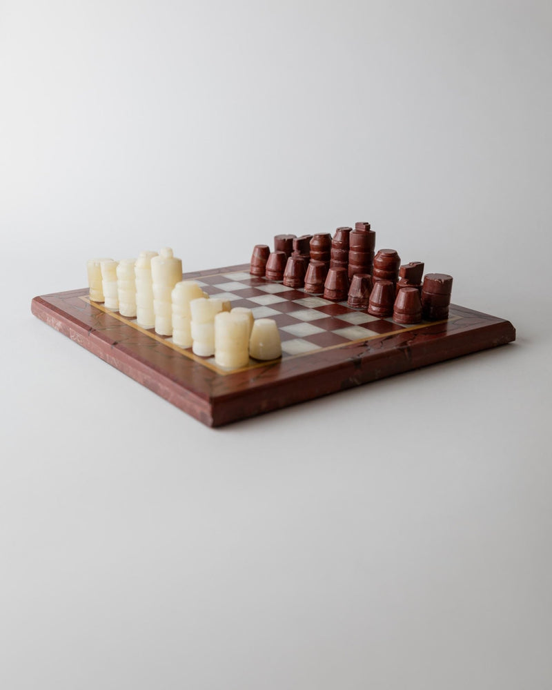 Vintage 1960s Marble Chess Set, Cream, Burgundy and Gold Marble Board with Metal Inlay, Stone Chess Pieces, Timeless Game Design, Gift Idea