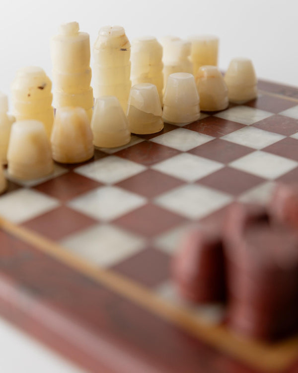 Vintage 1960s Marble Chess Set, Cream, Burgundy and Gold Marble Board with Metal Inlay, Stone Chess Pieces, Timeless Game Design, Gift Idea_Bottega Jacobs