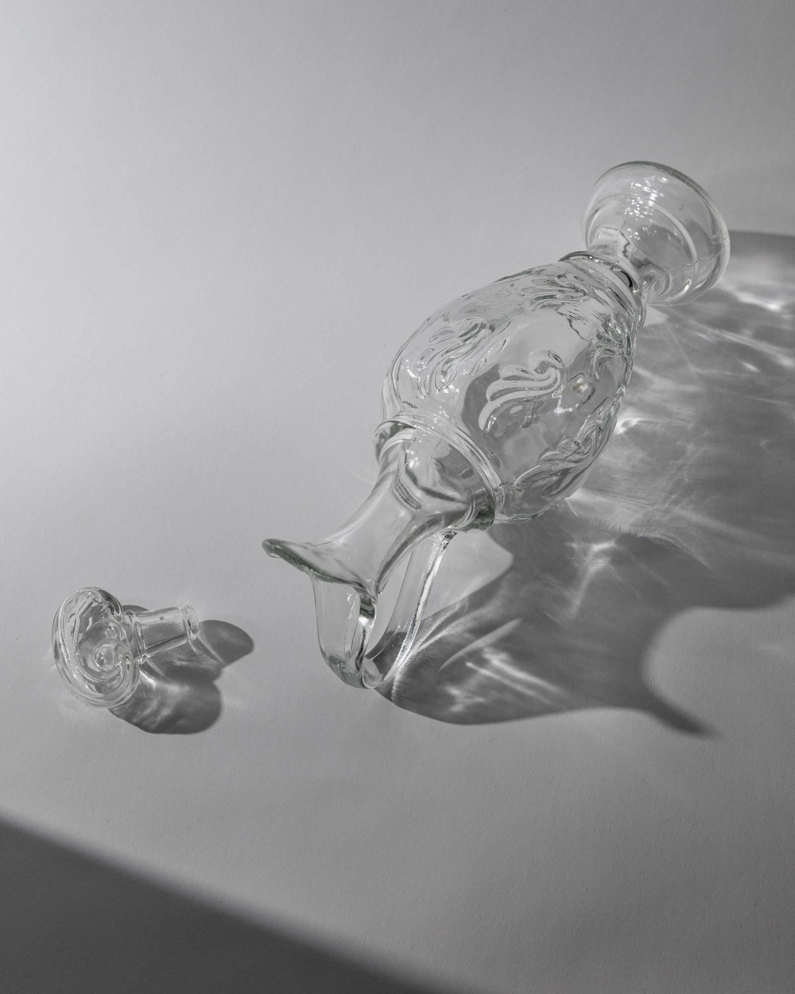 Vintage 1960s Pressed Glass Decanter, Clear Sculptural Glass with Patterned Texture and Stopper, Elegant Italian Bar Accessory, Gift Idea_Bottega Jacobs