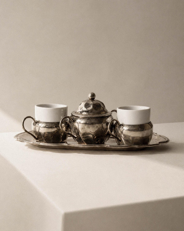 Vintage 1960s Silver Plated Coffee Set, Two Espresso Cups with Ceramic Inlays, Sugar Bowl, Serving Tray, Elegant Tableware, Gift Idea_Bottega Jacobs