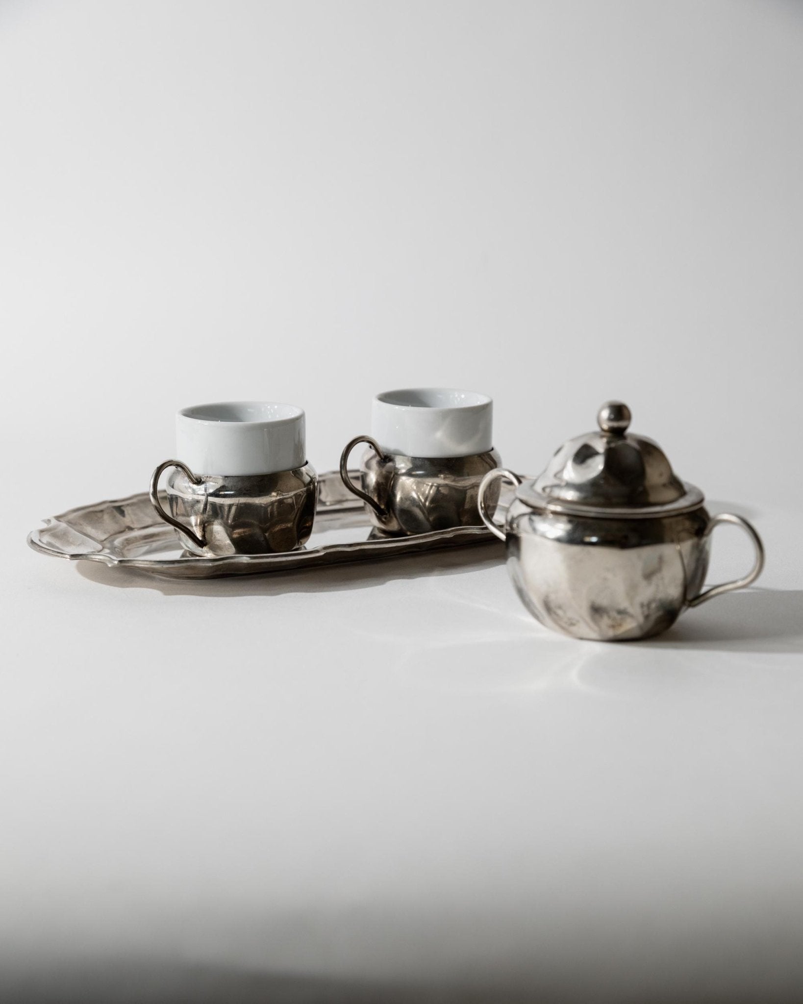 Vintage 1960s Silver Plated Coffee Set, Two Espresso Cups with Ceramic Inlays, Sugar Bowl, Serving Tray, Elegant Tableware, Gift Idea_Bottega Jacobs
