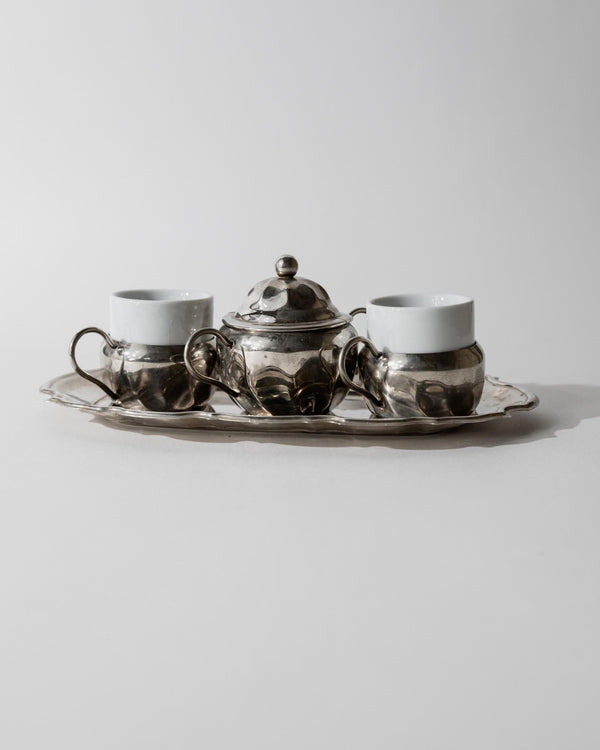 Vintage 1960s Silver Plated Coffee Set, Two Espresso Cups with Ceramic Inlays, Sugar Bowl, Serving Tray, Elegant Tableware, Gift Idea_Bottega Jacobs