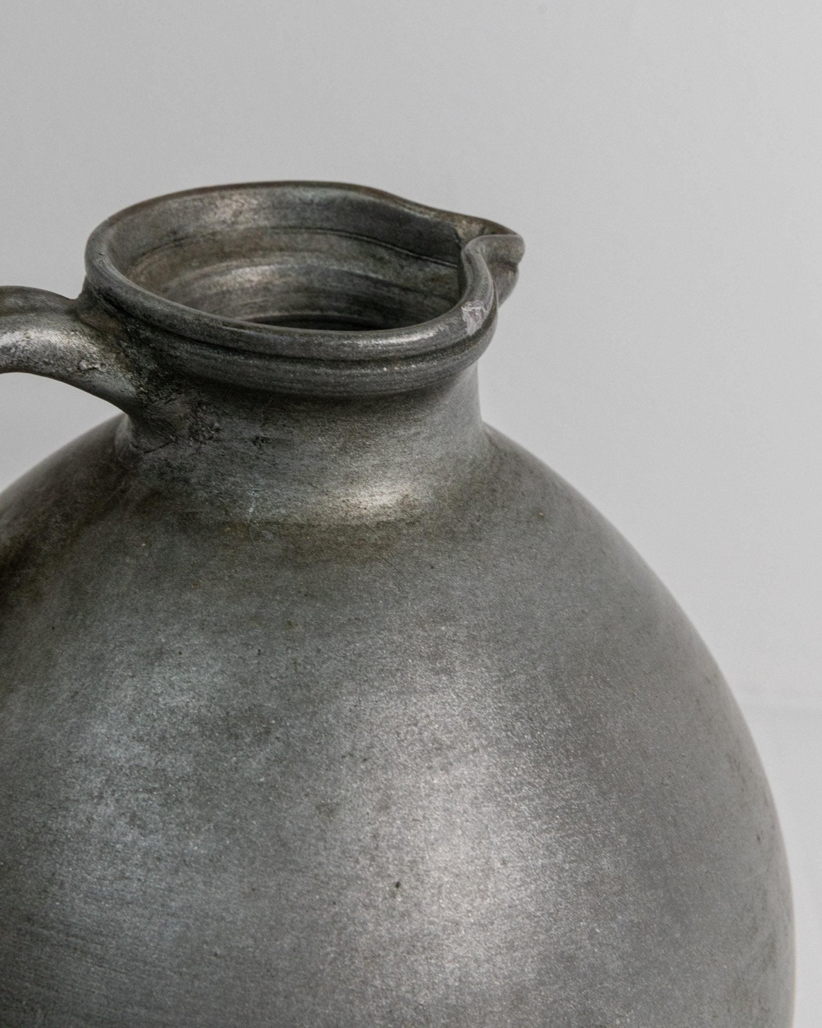 Vintage 1960s Studio Ceramic Vase with Handle, Large Rounded Form with Silver Glaze, Timeless Design, handmade Pottery, Elegant Gift Idea_Bottega Jacobs