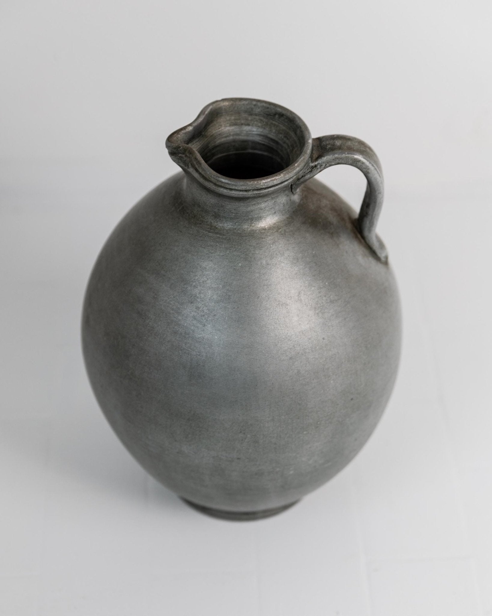 Vintage 1960s Studio Ceramic Vase with Handle, Large Rounded Form with Silver Glaze, Timeless Design, handmade Pottery, Elegant Gift Idea_Bottega Jacobs