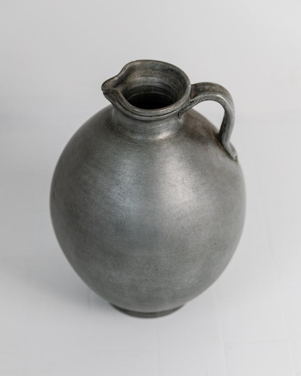 Vintage 1960s Studio Ceramic Vase with Handle, Large Rounded Form with Silver Glaze, Timeless Design, handmade Pottery, Elegant Gift Idea_Bottega Jacobs