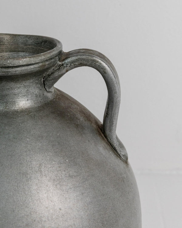 Vintage 1960s Studio Ceramic Vase with Handle, Large Rounded Form with Silver Glaze, Timeless Design, handmade Pottery, Elegant Gift Idea_Bottega Jacobs