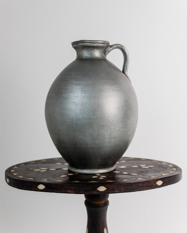 Vintage 1960s Studio Ceramic Vase with Handle, Large Rounded Form with Silver Glaze, Timeless Design, handmade Pottery, Elegant Gift Idea_Bottega Jacobs
