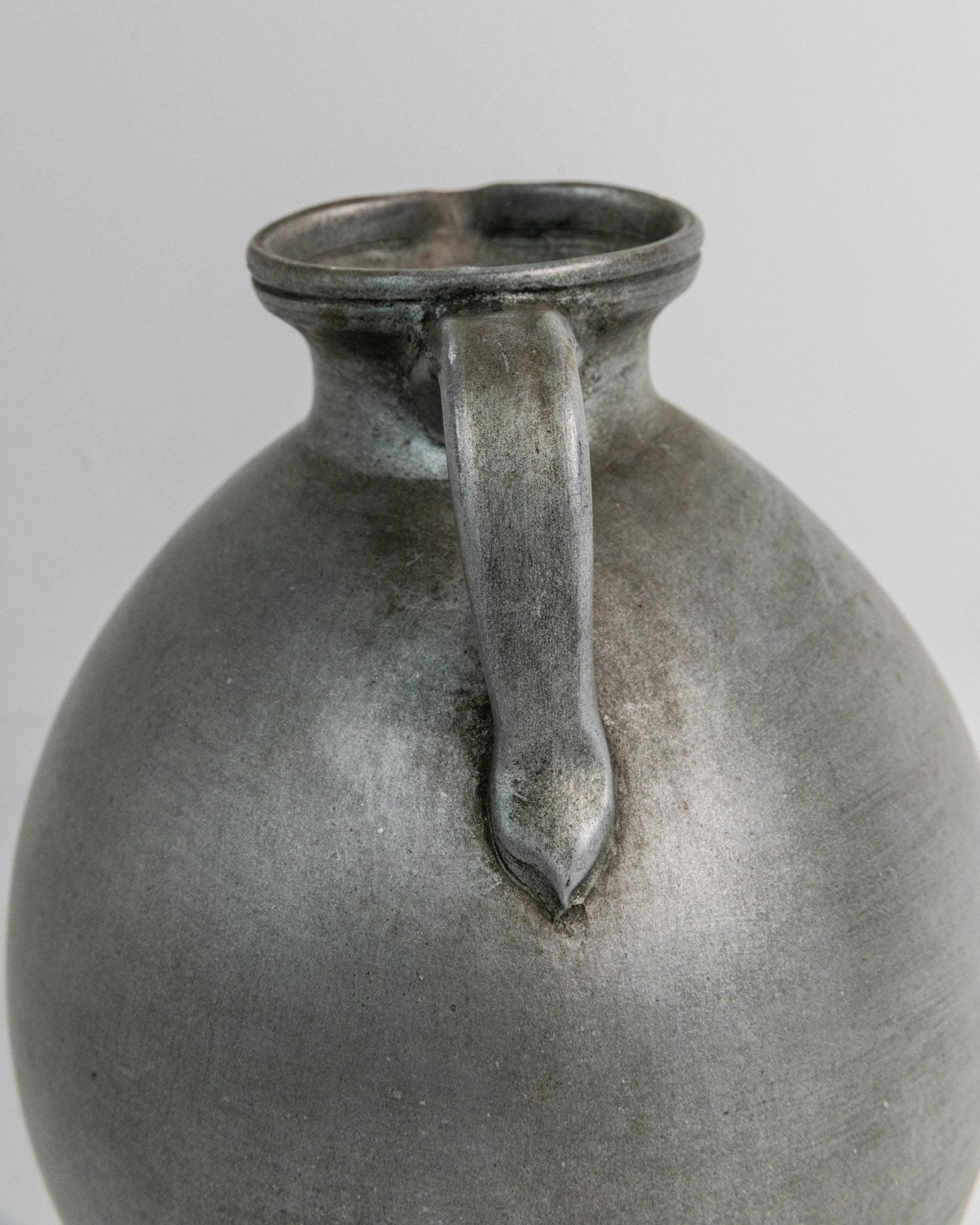 Vintage 1960s Studio Ceramic Vase with Handle, Large Rounded Form with Silver Glaze, Timeless Design, handmade Pottery, Elegant Gift Idea_Bottega Jacobs