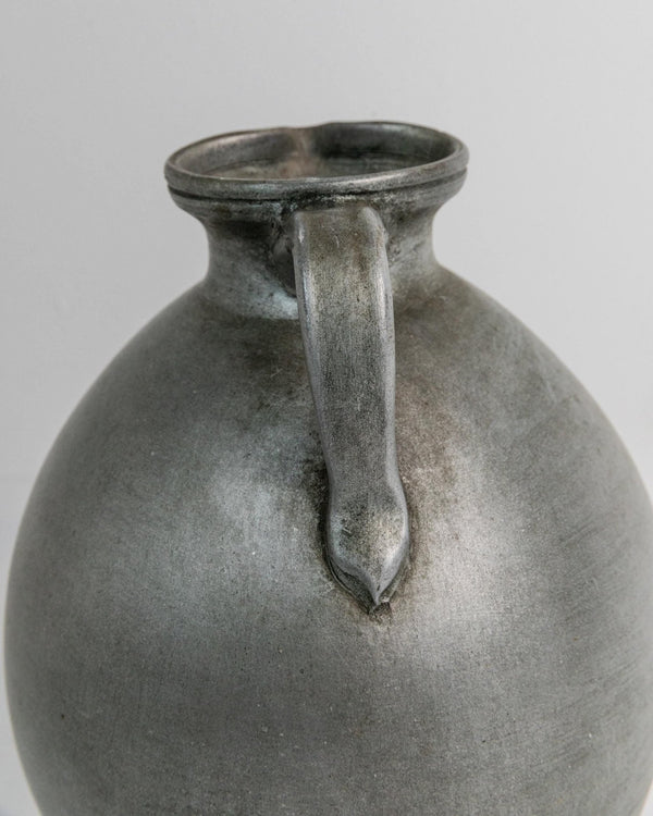 Vintage 1960s Studio Ceramic Vase with Handle, Large Rounded Form with Silver Glaze, Timeless Design, handmade Pottery, Elegant Gift Idea_Bottega Jacobs