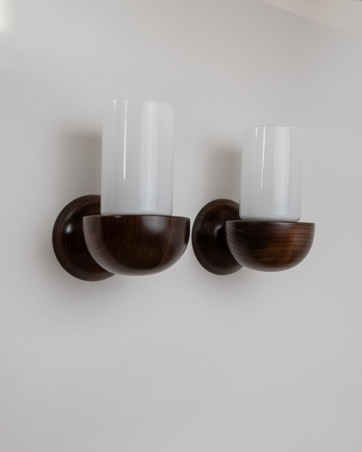 Vintage 1960s Wall Lamps Set of 2, Dark Wood with White Glass Shades, Mid Century Modern Lighting, Sculptural Wall Sconces_Bottega Jacobs