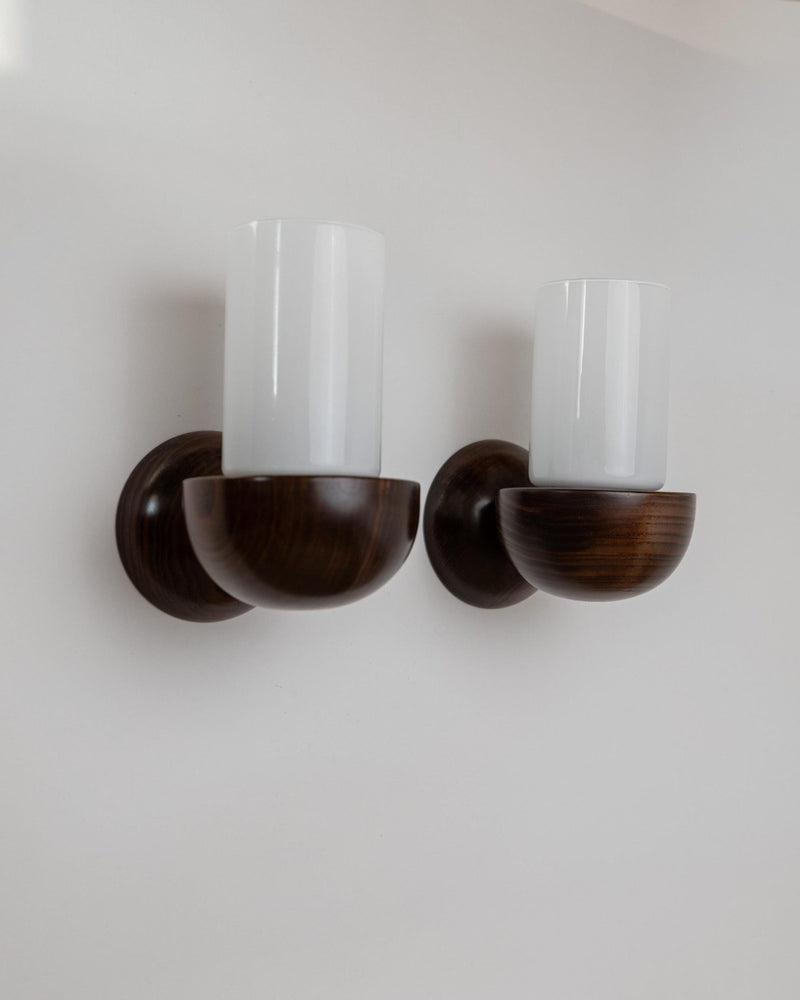 Vintage 1960s Wall Lamps Set of 2, Dark Wood with White Glass Shades, Mid Century Modern Lighting, Sculptural Wall Sconces_Bottega Jacobs
