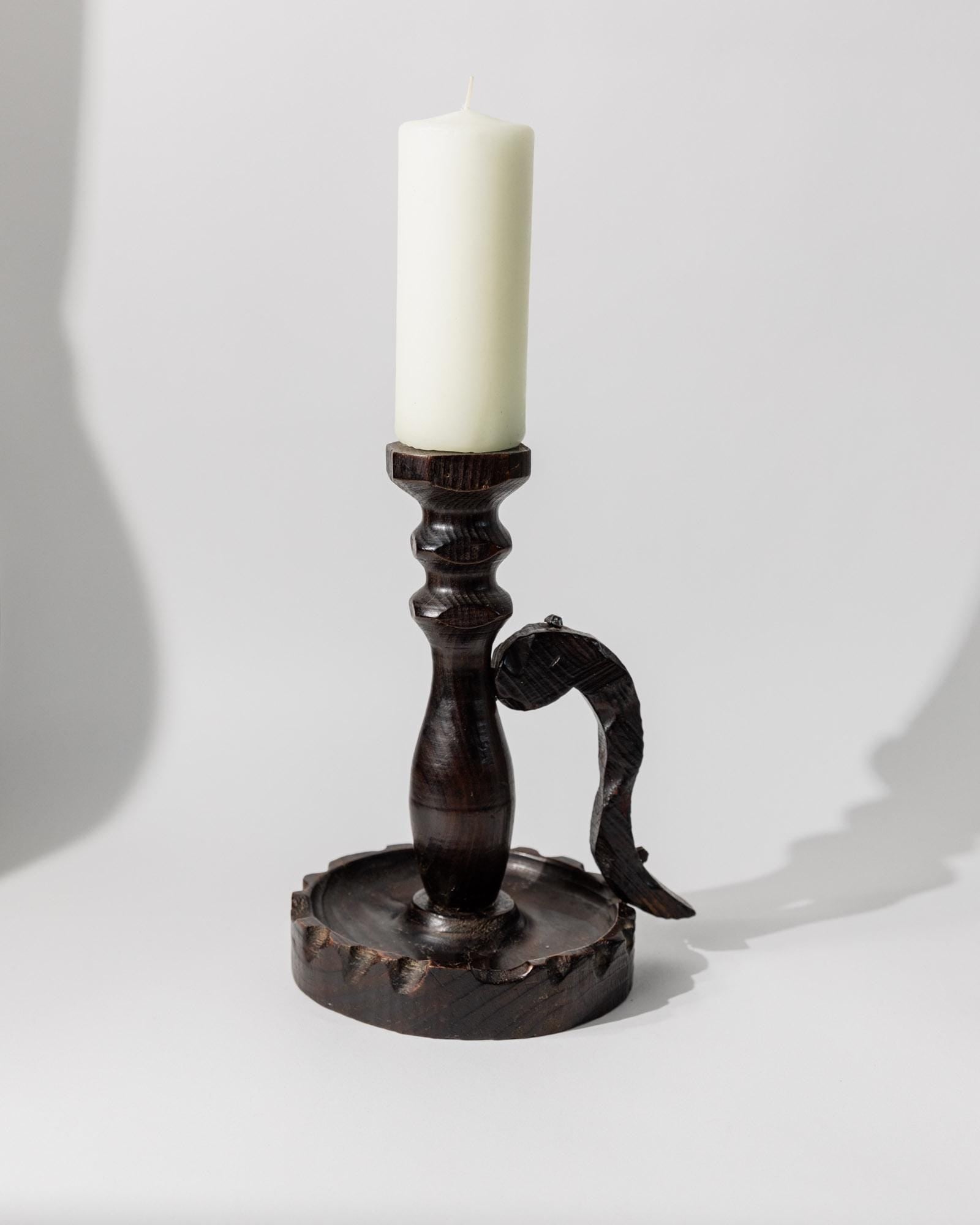 Vintage 1960s Wooden Candleholder, Handcarved Dark Wood, Brutalist Italian Design, Retro Home Decor, Elegant Gift Idea_Bottega Jacobs