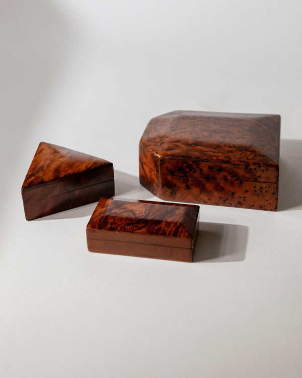 Vintage 1970s Burl Wood Desk Set of 3 Boxes, Different Sculptural Shapes, Mid Century Wooden Storage, Elegant Office Accessories, Gift Idea_Bottega Jacobs