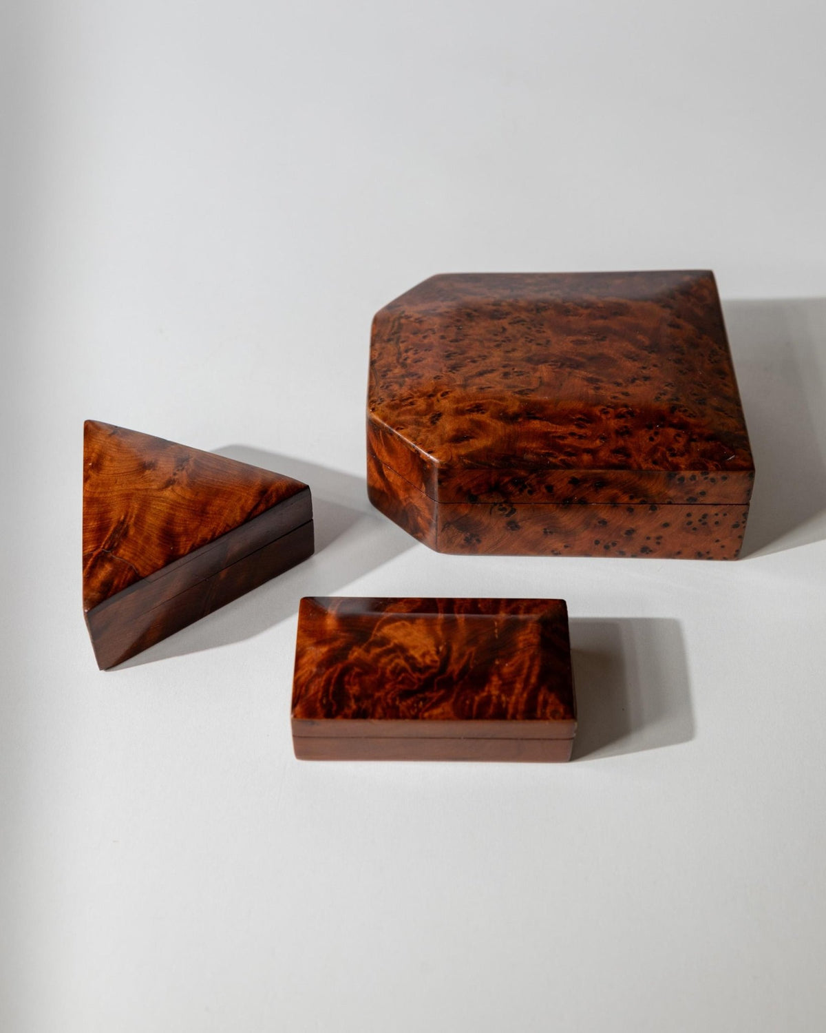 Vintage 1970s Burl Wood Desk Set of 3 Boxes, Different Sculptural Shapes, Mid Century Wooden Storage, Elegant Office Accessories, Gift Idea_Bottega Jacobs