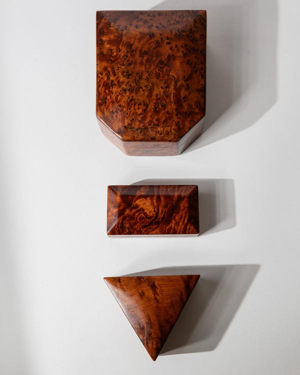 Vintage 1970s Burl Wood Desk Set of 3 Boxes, Different Sculptural Shapes, Mid Century Wooden Storage, Elegant Office Accessories, Gift Idea_Bottega Jacobs