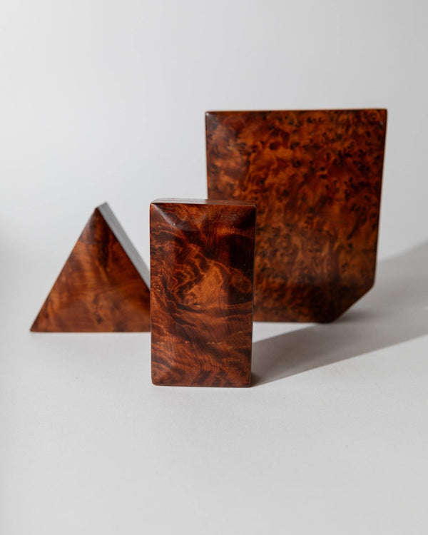 Vintage 1970s Burl Wood Desk Set of 3 Boxes, Different Sculptural Shapes, Mid Century Wooden Storage, Elegant Office Accessories, Gift Idea_Bottega Jacobs