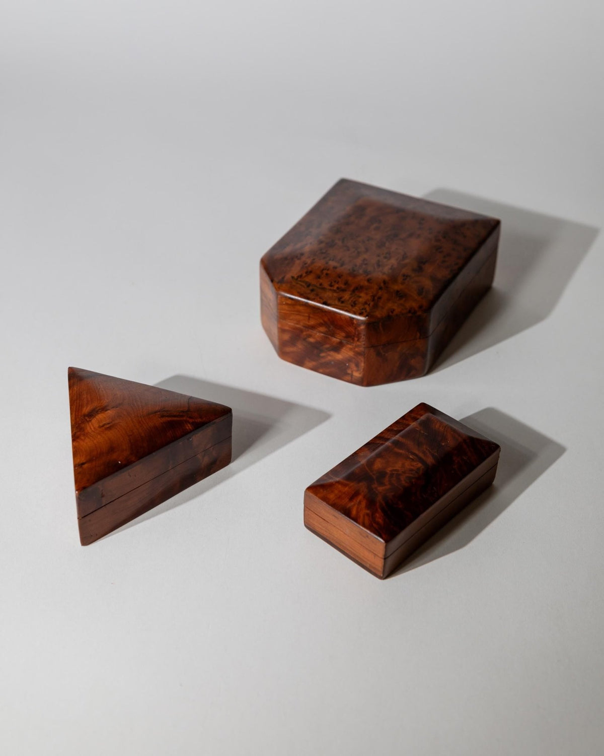 Vintage 1970s Burl Wood Desk Set of 3 Boxes, Different Sculptural Shapes, Mid Century Wooden Storage, Elegant Office Accessories, Gift Idea_Bottega Jacobs