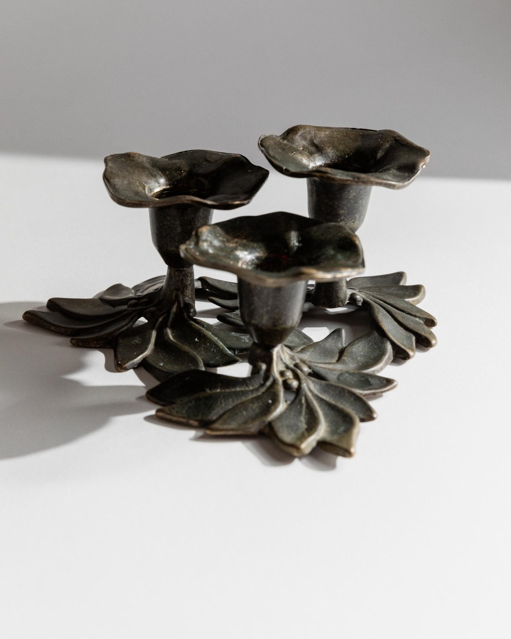 Vintage 1970s Candle Holder, 3 Armed, Metal, Flower and Leaf Design by Carl Frederik Christiansen, Table Decor, Christmas Gift Idea_Bottega Jacobs