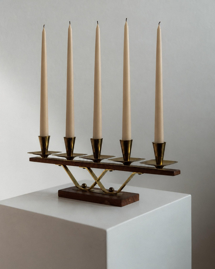 Vintage 1970s Candle Holder, Wood and Brass Candelabra for 5 Candles, Classic Mid Century Modern Design, Table Decor, Elegant Gift Idea