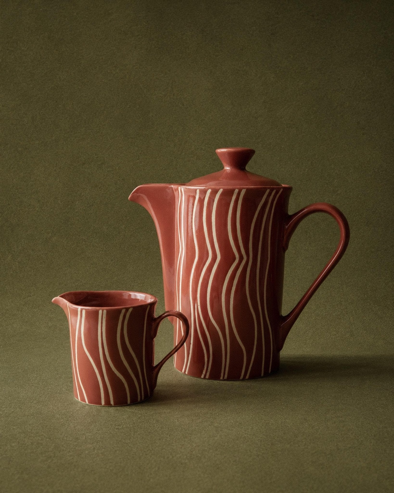 Vintage 1970s Ceramic Tea or Coffee Set, Teapot with Lid and Creamer, Rust Orange with Retro Stripe Pattern, Mid Century Decor, Gift Idea_Bottega Jacobs