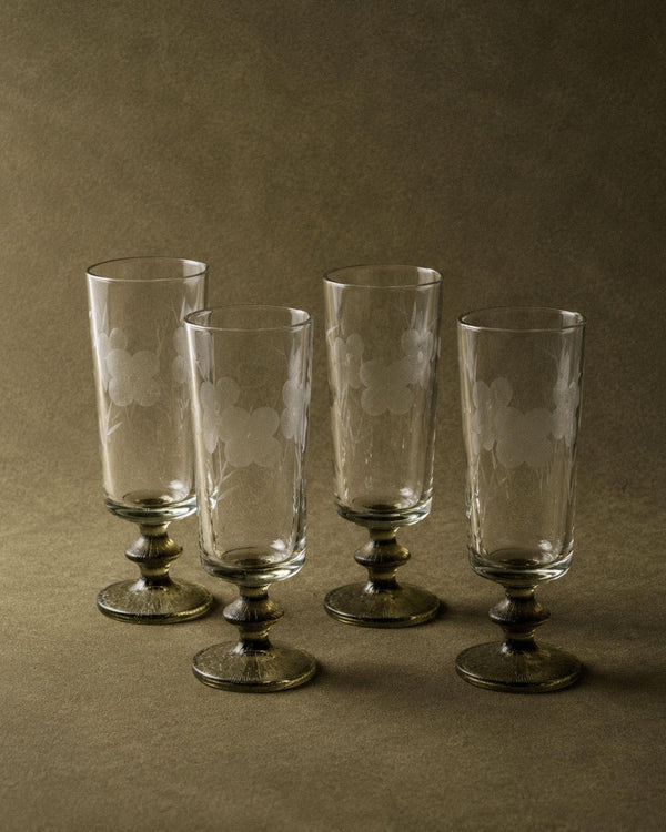 Vintage 1970s Champagne Glasses Set of 4, Olive Green Stems with Etched Floral Clear Glass Bowls, Elegant Barware Tableware, Gift Idea_Bottega Jacobs