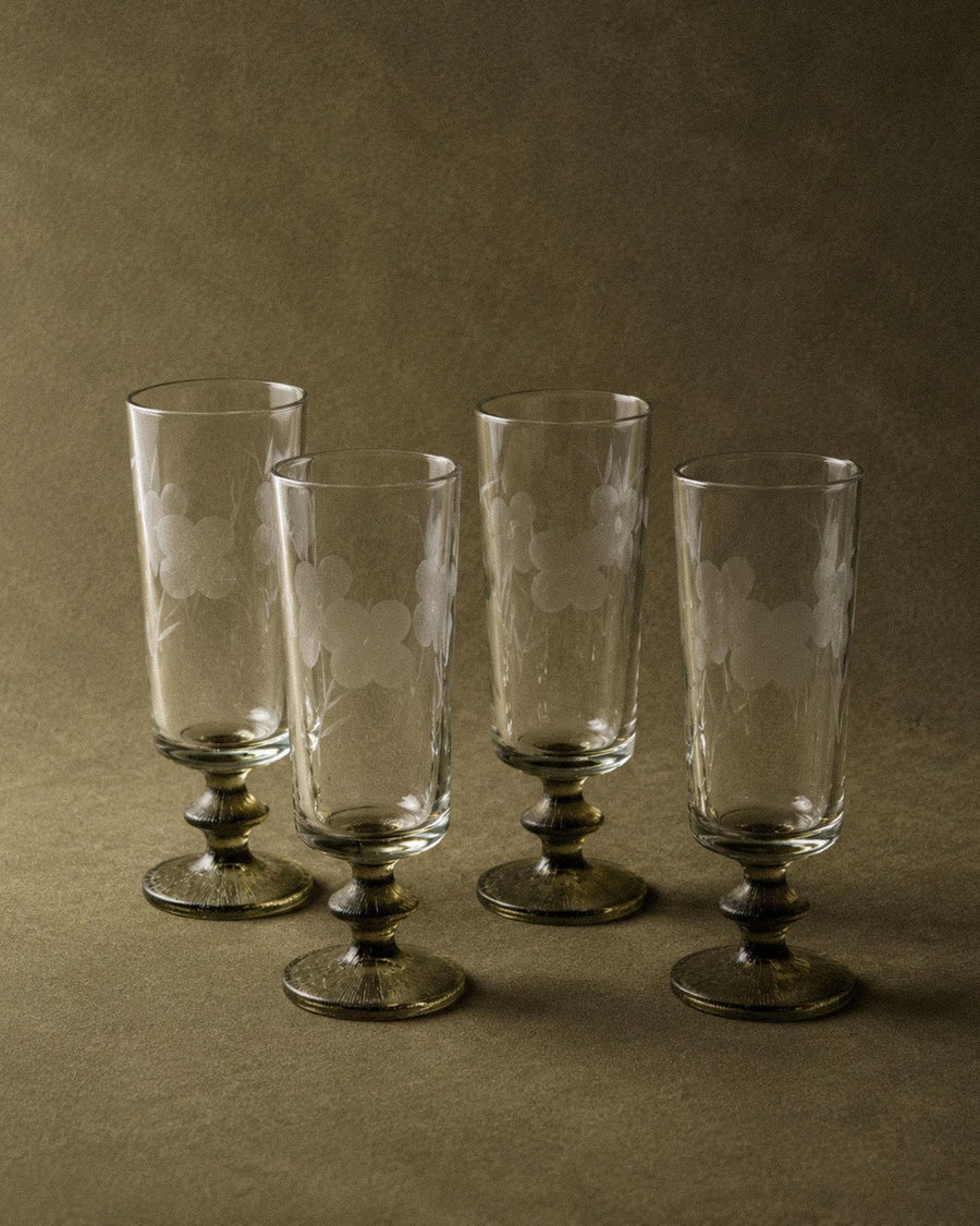 Vintage 1970s Champagne Glasses Set of 4, Olive Green Stems with Etched Floral Clear Glass Bowls, Elegant Barware Tableware, Gift Idea