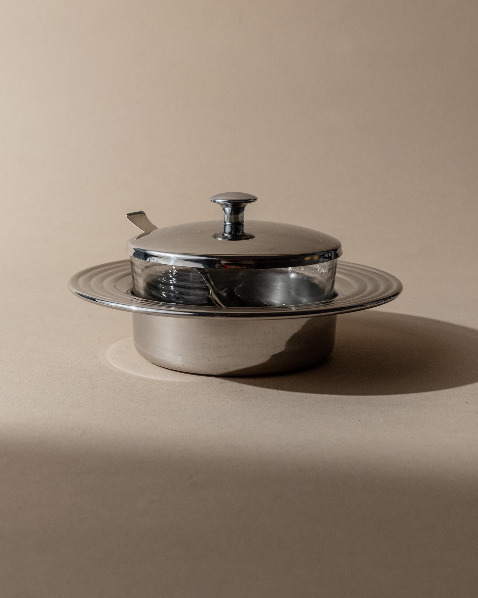 Vintage 1970s Glass and Stainless Steel Lidded Jar, With Matching Spoon for Jam Mustard or Sauces, Retro Table Accessory, Elegant Gift Idea_Bottega Jacobs