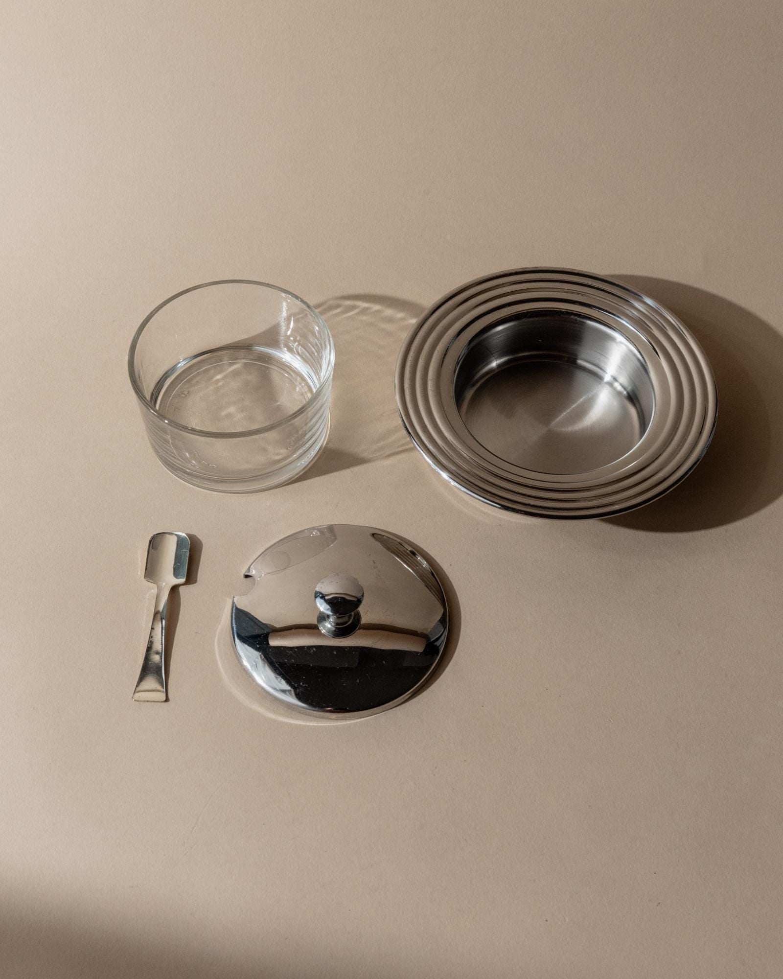 Vintage 1970s Glass and Stainless Steel Lidded Jar, With Matching Spoon for Jam Mustard or Sauces, Retro Table Accessory, Elegant Gift Idea_Bottega Jacobs