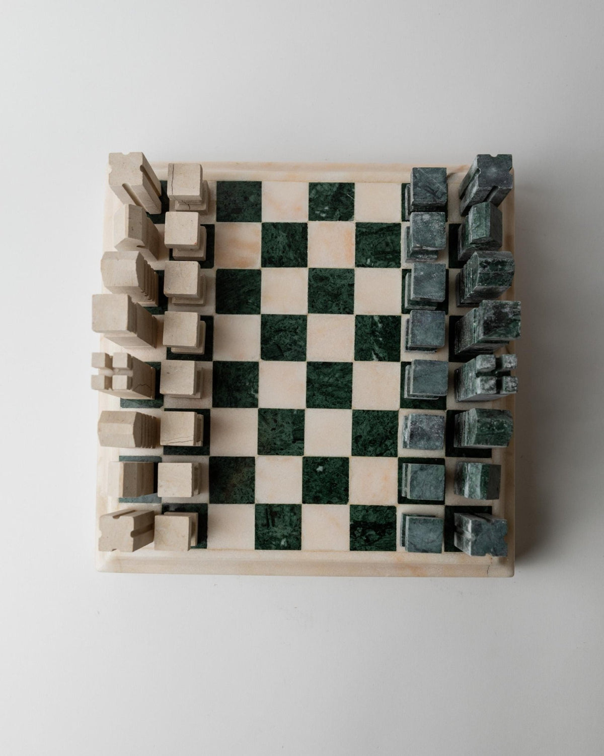 Vintage 1970s Marble Chess Set, Green and Beige Stone Chess Board, Heavy Design, Geometric Chess Pieces, Sculptural Table Game, Gift Idea_Bottega Jacobs