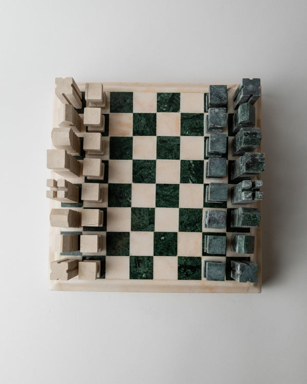 Vintage 1970s Marble Chess Set, Green and Beige Stone Chess Board, Heavy Design, Geometric Chess Pieces, Sculptural Table Game, Gift Idea_Bottega Jacobs