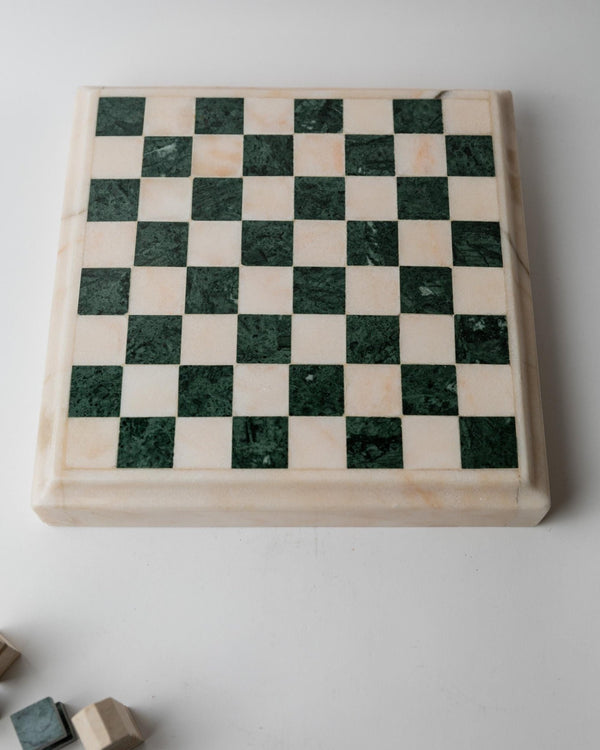 Vintage 1970s Marble Chess Set, Green and Beige Stone Chess Board, Heavy Design, Geometric Chess Pieces, Sculptural Table Game, Gift Idea_Bottega Jacobs