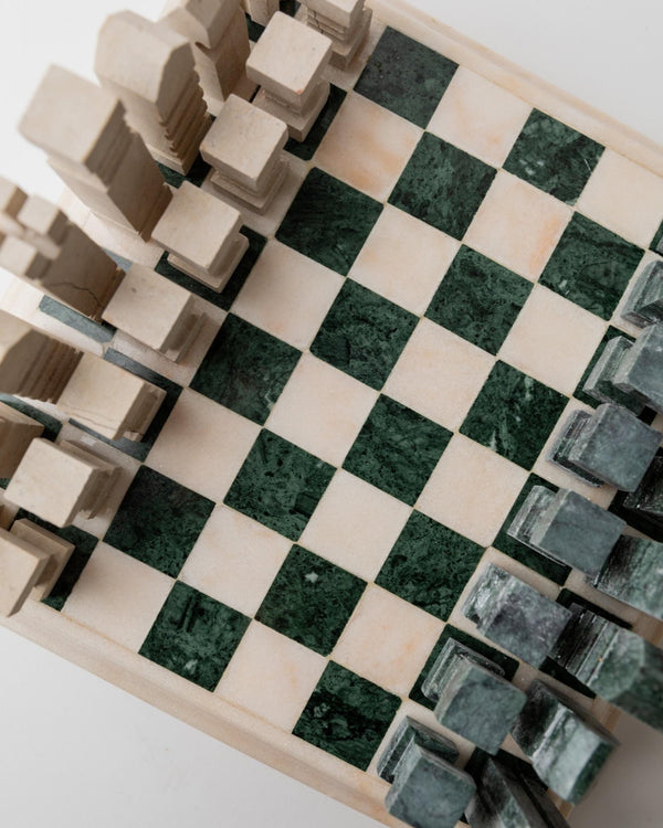 Vintage 1970s Marble Chess Set, Green and Beige Stone Chess Board, Heavy Design, Geometric Chess Pieces, Sculptural Table Game, Gift Idea_Bottega Jacobs